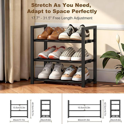 Roylvan 3-Tire Expandable Shoe Rack for Closet, 17"-31" Adjustable Free Standing Shoe Shelf Storage Fits 6-12 Pairs Shoes, Heavy Duty Reinforced Metal Shoes Organizer for Entryway Doorway Dorm
