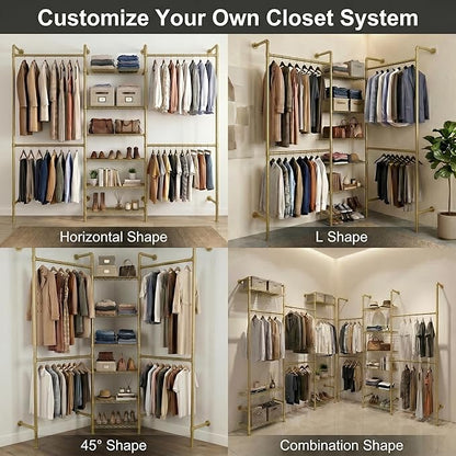 F3 Wall Mounted Closet System, Industrial Pipe Clothing Rack for Hanging Clothes, Heavy Duty Closet Organizer System, Clothes Racks with Shelves & Expandable Rod for Wardrobe, Corner, Gold