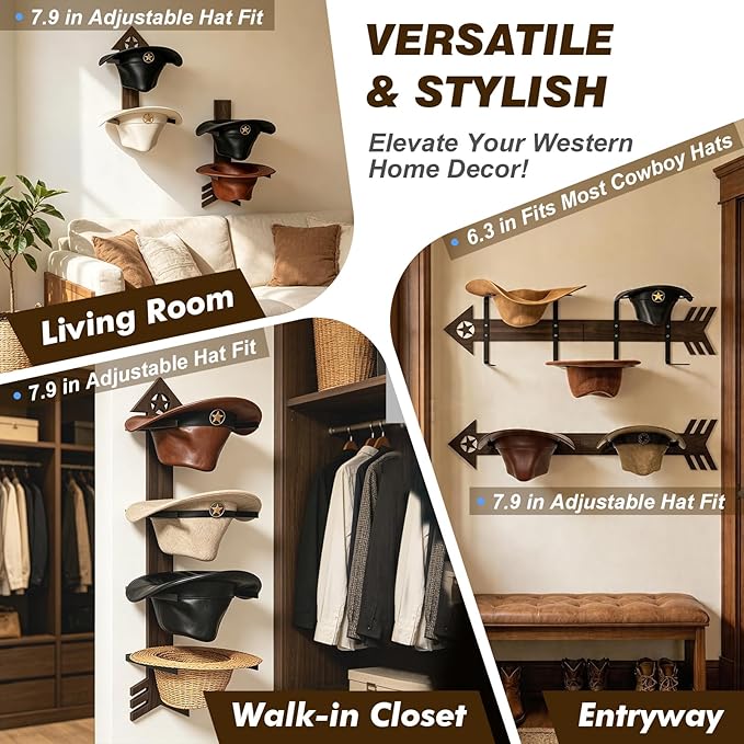 2 Pack Cowboy Hat Rack for Wall – Rustic Cowboy Hat Holder with Arrow Design and 4-Tier Hat Hooks Western Decor Hat Storage– Vintage Cowboy Hanger for Wall
