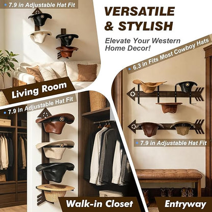 2 Pack Cowboy Hat Rack for Wall – Rustic Cowboy Hat Holder with Arrow Design and 4-Tier Hat Hooks Western Decor Hat Storage– Vintage Cowboy Hanger for Wall