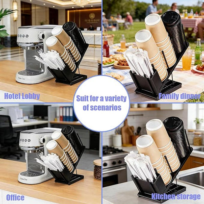 Adjustable Coffee Cup and Lid Holder, Disposable Cup Dispenser Organizer Stand for Countertop Coffee Bar Station, Bakery & Breakroom, Fits 3.14 Inch Cup Mouth (8oz/10oz/14oz/16oz Cups)