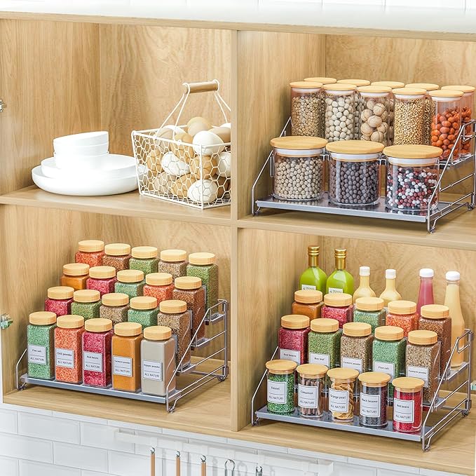 RCHYFEED 2 Pack 4 Tier Adjustable Spice Rack Organizer, Foldable Chrome Vertical Spice Organizer for Cabinet & Countertop, Space Saving Storage Shelf for Kitchen Pantry Bathroom