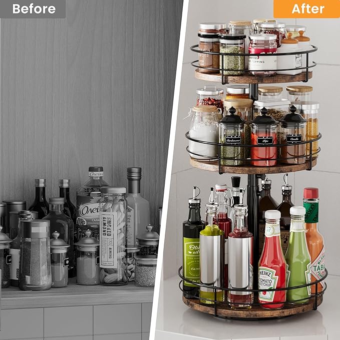 3 Tier Lazy Susan Spice Rack Organizer with Adjustable Height, 360° Rotating Spice Rack Spinning Organizer for Kitchen Bathroom Table Top Countertop Pantry, Black