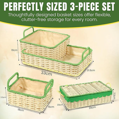 Scalloped Hyacinth Wicker Basket for Toy Storage | 3 Pack Woven Storage Baskets | Decorative Storage Baskets for Shelves | Rattan Baskets for Bedroom By NovaHeavensNest (Beige & Green Liner)