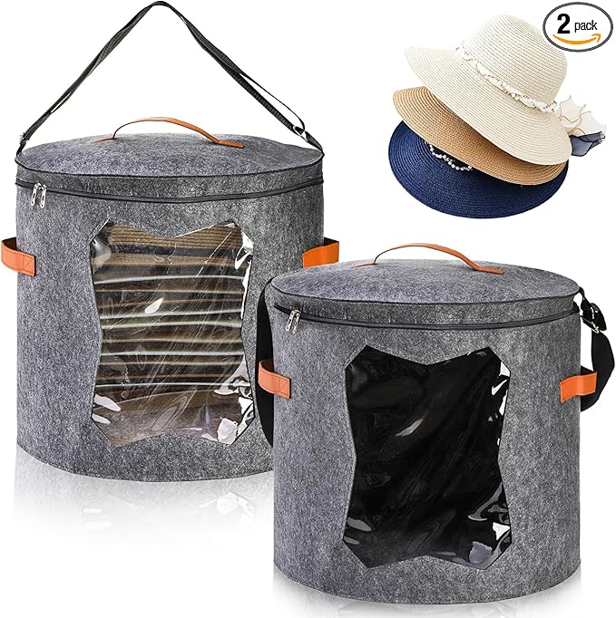 Yopay 2 Pack Hat Storage Boxes for Women, Oversized Round Travel Hat Container with Dust Proof Lid Window, Foldable Stuffed Toys Clothes Brim Hats Storage Organizer Bag Bin, Adjustable Shoulder Strap