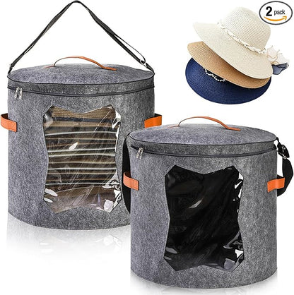 Yopay 2 Pack Hat Storage Boxes for Women, Oversized Round Travel Hat Container with Dust Proof Lid Window, Foldable Stuffed Toys Clothes Brim Hats Storage Organizer Bag Bin, Adjustable Shoulder Strap