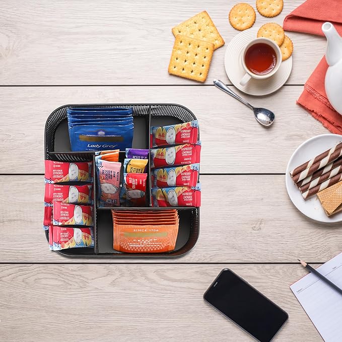ELLDOO Metal Drink Packet Organizer for Powdered Drink Mix, Rotating Water Flavor Packet Holder with 5 Compartments, Lazy Susan Organizer for Remote Control, Glasses, Makeup Brush (Black)