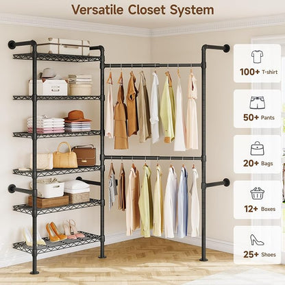 L2 Wall Mounted Closet System, Industrial Pipe Clothing Rack Clothes Racks with 2 Telescopic Rod & 6 Shelves, Heavy Duty Closet Organizers System in Wardrobe Closet, Black