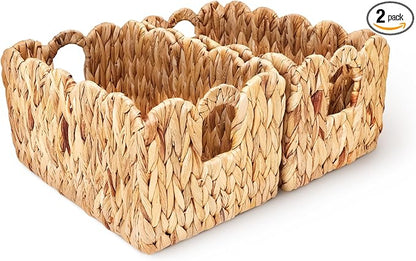 ByteX Scalloped Basket Set (2 Large Baskets) Water Hyacinth Wicker Storage Baskets for Nursery & Kids Books | Decorative Scalloped Edge Rattan Style Book Basket for Toys, Shelves & Decor