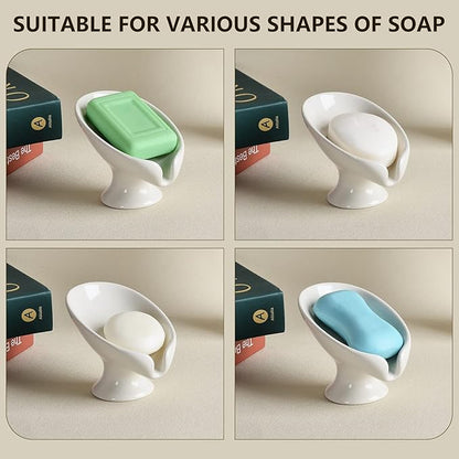 Soap Dish, Self Draining Bar Soap Holder for Bathroom Sink, Leaf-Shaped Drainage Ceramic Cream White Porcelain Decorative Soap Dish, ANTIS'S HOME