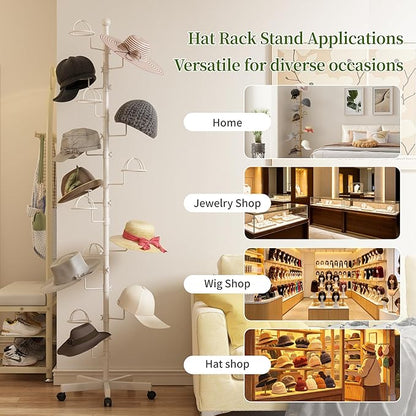 Hat Rack with 15 Circular Hooks Floor Hat Stand Freestanding Hats Rack Stand Adjustable Metal Hats Tree Organizer Rack Display Standing Suitable for Home Store Commercial, White