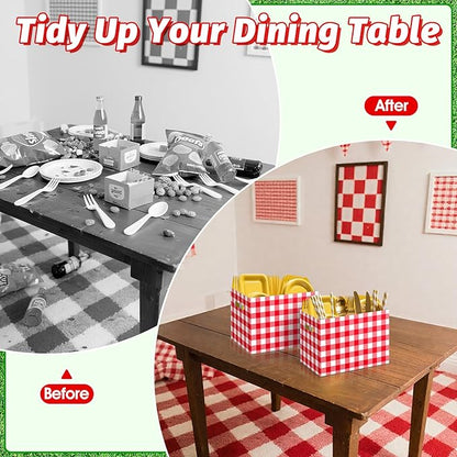 2PCS Red Gingham Utensil Holder Paper Utensil Caddy for Gingham Party Supplies Disposable Cutlery Holder with Handles Party Favors Cutlery Caddy for Red and White Checkered Birthday Decorations