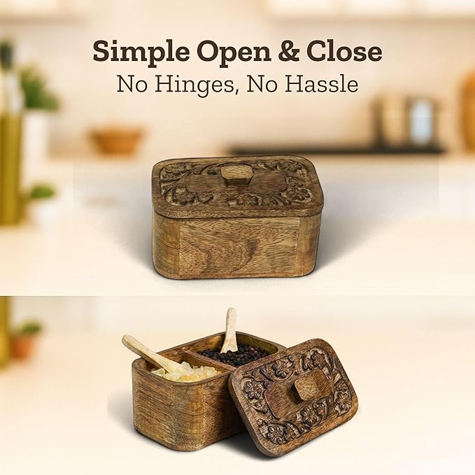 Mie Creations Duet Salt and Pepper Box Cellar with Hand Carved Lid & 2 Spoons, Rustic Wooden Pinch Bowls with 2 large Compartments | Wood Salt Storage Keeper, Spice Bowls for Kitchen Cooking
