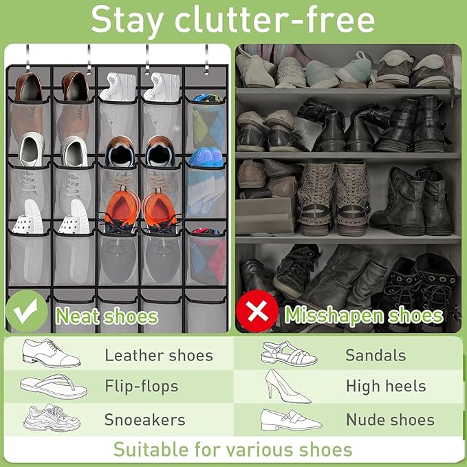 Meolsaek Over the Door Shoe Organizer with 40 Breathable Mesh Pockets, Hanging Shoe Organizer for Door with 4 Metal Hooks, Shoe Organizer for Closet, Bedroom, Bathroom, Pantry (White, 24)