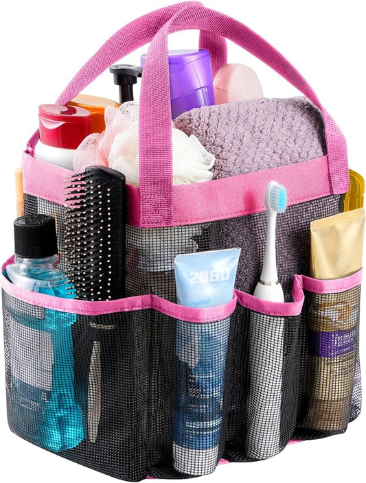 Lifewit Mesh Shower Caddy Portable for College Dorm Room Essentials with 7 Pockets, Freestanding Hanging Organizer Basket, Quick Dry Tote Bag for Camping, Bathroom, Beach, Travel, 1 Pack, Pink