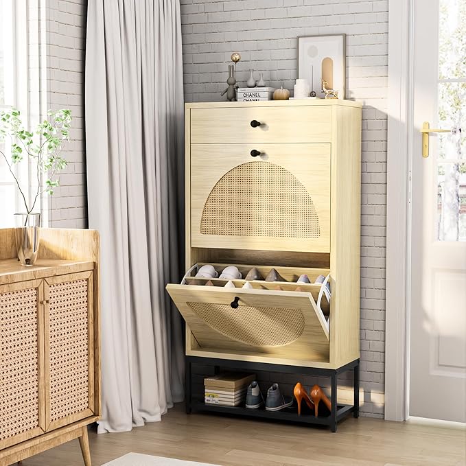 Lamerge Free Standing Shoe Rack, Entryway Organizer with 2 Natural Semi-Circular Rattan Flip Drawers, Hallway Faux Wooden Shoe Storage Cabinet with Pull Drawer and Bottom Rack for Living Room, Bedroom