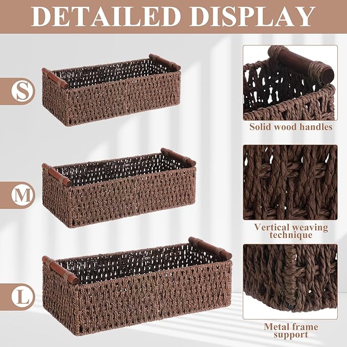 Boao 3 Pcs Boho Storage Wicker Baskets Handmade Woven Decorative Paper Rope Baskets for Organizing with Handle Countertop Toilet Paper Storage Container for Toilet Tank Top(Brown,Rectangle)