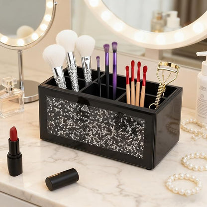 SHYFOY Black Makeup Brush Holder Organizer, 6 Slots Glass Makeup Cosmetics Organizers and Storage for Vanity Countertop