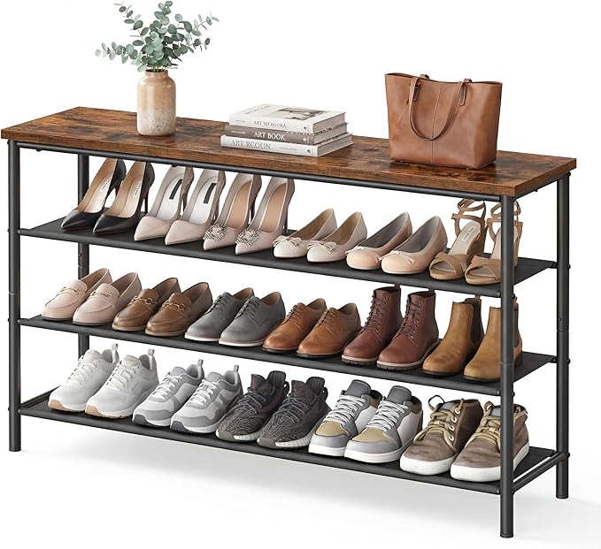 SONGMICS HOME 4-Tier Shoe Rack, Free Standing Shoe Storage Organizer, 12 x 47.4 x 28.2 Inches, Metal Frame with Top Surface for Closet Entryway, Rustic Brown and Black