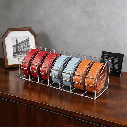 Acrylic Belt Organizer for Closet – 7-Compartment Clear Storage Holder for Belts, Ties, and Bow Ties – Display Case for Shelf or Drawer Organization(Large)
