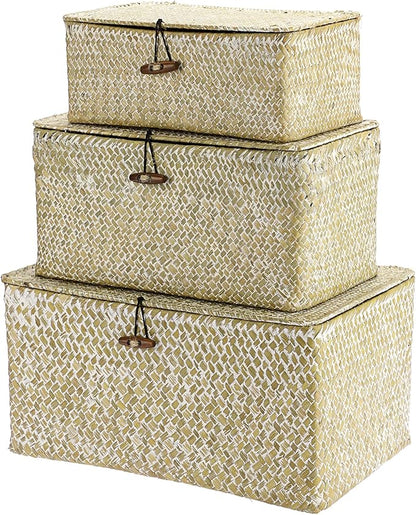 Hipiwe Set of 3 Wicker Storage Baskets with Lid - Large Handwoven Seagrass Shelf Basket Bins Rectangular Nesting Household Organizer Boxes for Shelf Closet Wardrobe Organizer, Whitewash