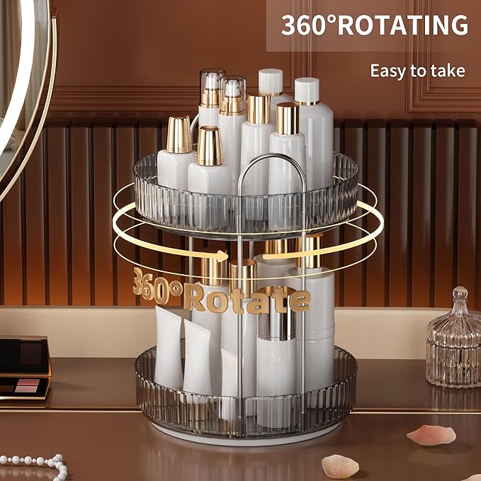 YCIA&DONE 360 Rotating Makeup Organizer and Storage for Vanity Countertop 2 Tiers, High Capacity Cosmetic Skincare Perfume Organizers for Dresser Bathroom Lazy Susan (Smoky Gray)