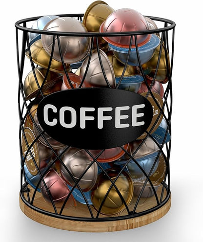 Coffee Pod Holder for K Cups – K Cup Organizer with Metal Wire and Bamboo Base, Large Capacity Coffee Pod Storage for Countertop, Coffee Bar or Kitchen, Pod Holder for K-Cup Style Capsule