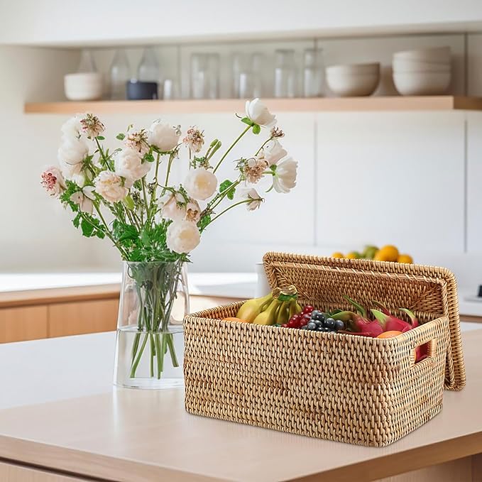Hipiwe Rattan Basket With Lid Rectangular Lidded Basket Natural Hand-Woven Wicker Storage Basket Bin for Shelf Organizing Picnic Food Bread Table Storage Basket, 15.1 x 11.2 x 7.3 inch
