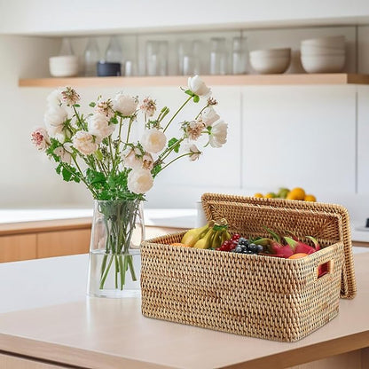 Hipiwe Rattan Basket With Lid Rectangular Lidded Basket Natural Hand-Woven Wicker Storage Basket Bin for Shelf Organizing Picnic Food Bread Table Storage Basket, 15.1 x 11.2 x 7.3 inch