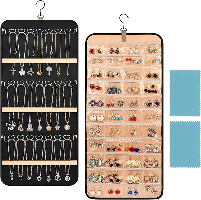 48 Pocket Oxford Fabric Double Sided Hanging Rotating Jewelry Organizer, Bracelet Necklace Jewelry Display Hanger for Closet Door, Earring Dustproof Holder Wall Mount Accessories(Black)