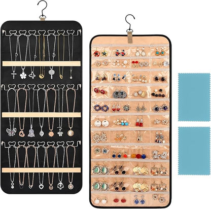 48 Pocket Oxford Fabric Double Sided Hanging Rotating Jewelry Organizer, Bracelet Necklace Jewelry Display Hanger for Closet Door, Earring Dustproof Holder Wall Mount Accessories(Black)