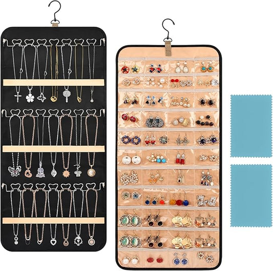 48 Pocket Oxford Fabric Double Sided Hanging Rotating Jewelry Organizer, Bracelet Necklace Jewelry Display Hanger for Closet Door, Earring Dustproof Holder Wall Mount Accessories(Black)