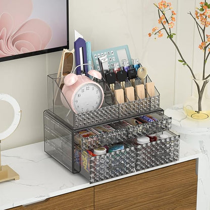 Awenia 2 Pack Stackable Makeup Organizer with Drawers[Upgraded]-Acrylic Make up Organizers and Storage Case for Cosmetics,Brush,Perfume,Jewelry Display, Vanity and Bathroom Accessories