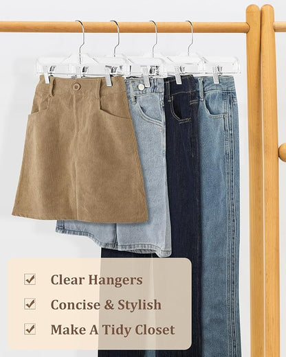 AMKUFO Pants-Hangers-with-Clips-15-Pack, 14 Inch Clear-Plastic-Skirts-Hangers-with-Adjustable-Clips for Shorts Jeans Trousers, Clothes-Hangers Non-Slip Clip-Hangers