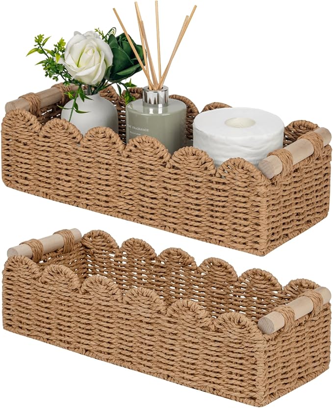 CubesLand Bathroom Basket Organizer, Toilet Tank Paper Storage Baskets 2-Pack, Scalloped Decorative Basket for Countertop w/Handle, Wicker Basket for Bathroom Decor, Home Decor, Living Room, Neutral