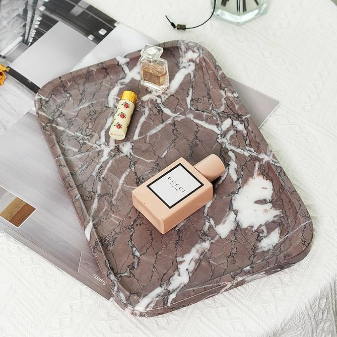 Koville Marble Tray, 12"x8" Marble Vanity Tray for Countertop Bathroom Kitchen Dresser, Decorative Catchall Trays for Perfume Jewelry, Rectangular Stone Serving Tray(Purple)