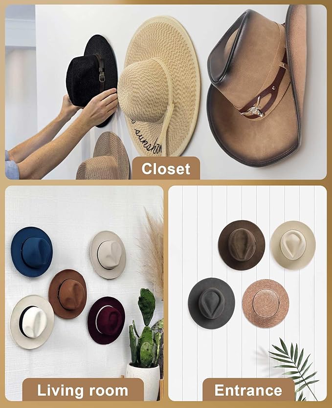 Livelab Cowboy Hat Holder, (4 Pack) Cowboy Hat Rack for Wall Mount, Metal Hat Organizer Storage Cowboy Hats Hanger Hooks for Fedora, Sun Hats, Wide Brim
