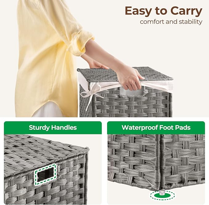 GREENSTELL Storage Basket with Lid, 17.2 Gallon(65L) Small Wicker Blanket Storage Basket with Handles, Foldable, 2 Removable Liner Bags, Metal Frame, for Bedroom, Laundry Room, Grey, 22.2"*13.4"*13.4"