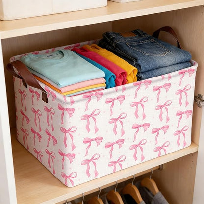 1PC 22L Pink Bow Storage Basket, Waterproof Canvas Organizer, Collapsible Decorative Bin with Handles for Bedroom Closet Toys Clothes Gift