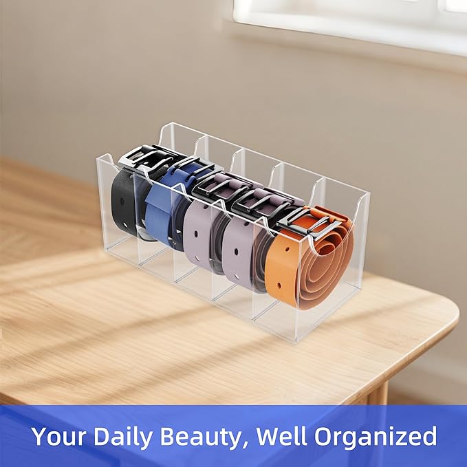 Acrylic Belt Organizer Box with 7 Compartments, Wall-Mount or Desktop Belt Storage for Men & Women, Holds Large Buckle Belts, Transparent Belt Holder for Closet Drawer Dresser (5 Compartments)