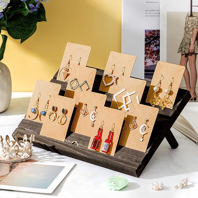 Marsui 62 Pcs Wood Earring Display Stand Earring Card Display 2 Sets of Holder with Cards Jewelry Stands for Selling