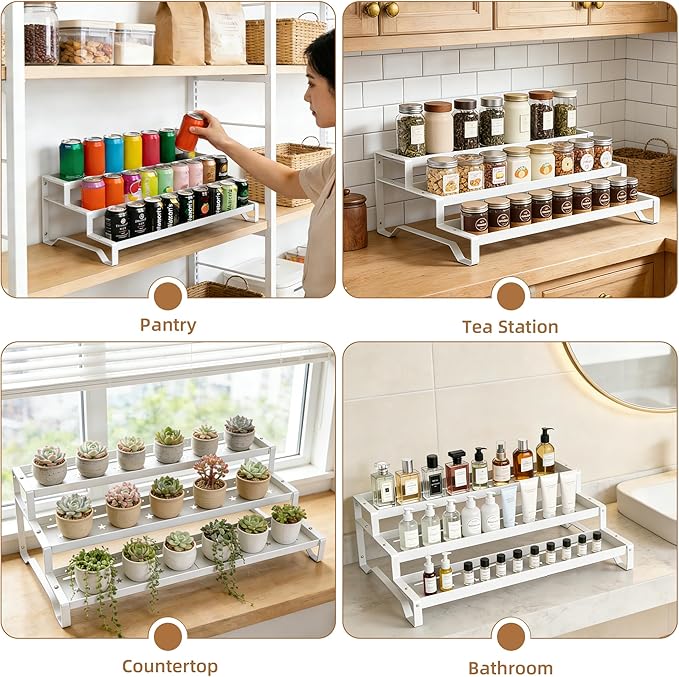 SANKEU Expandable Spice Rack Organizer for Cabinet 3 Tiered Metal Seasoning Organization with Guardrails Spice Shelf Storage for Jars Adjustable Length 13"-21" White 1Pack