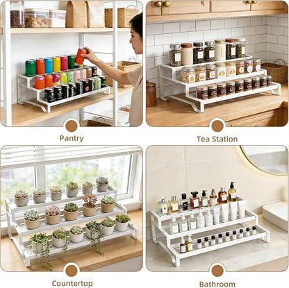 SANKEU Expandable Spice Rack Organizer for Cabinet 3 Tiered Metal Seasoning Organization with Guardrails Spice Shelf Storage for Jars Adjustable Length 13"-21" White 1Pack