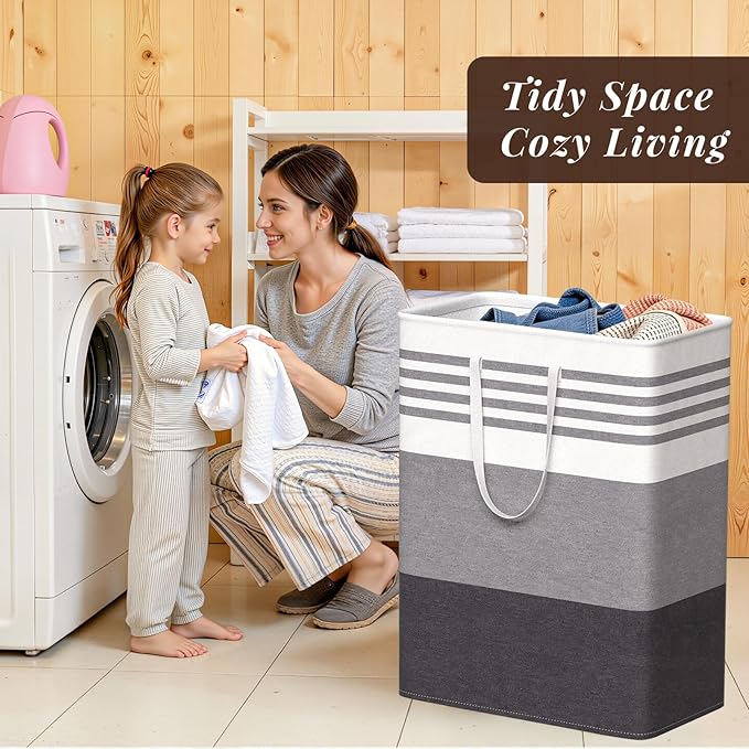 WOWBOX 2 Pack Laundry Baskets, Laundry Hampers, Freestanding Dirty Clothes Hampers with Reinforced Handles & Cross Stitch & Waterproof Coating, for Laundry Bedroom Bathroom Dorm,125L Grey