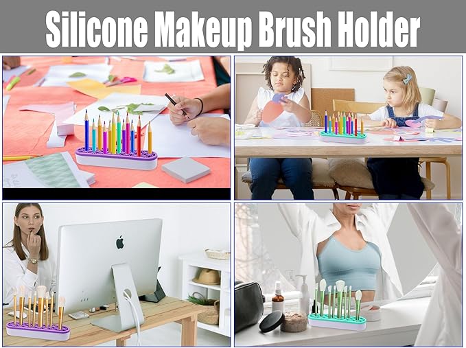2Pcs Silicone Makeup Brush Holders Green Purple Stand Makeup Brush Organizers Make Up Brushes Storage for Painting Pen Brushes Nail Clippers Drill Pens Ruler Sewing Craft Tools