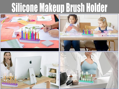 2Pcs Silicone Makeup Brush Holders Green Purple Stand Makeup Brush Organizers Make Up Brushes Storage for Painting Pen Brushes Nail Clippers Drill Pens Ruler Sewing Craft Tools
