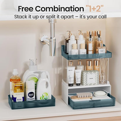 Delamu Bathroom Organizers and Storage, 2 Tier 2 Drawer Makeup Organizer Countertop, Easy to Install, Ideal for Bathroom Counter, Vanity, Blue