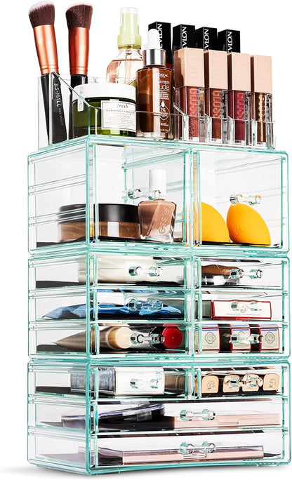 Sorbus Large Makeup Organizer - Clear Stackable Jewelry & Makeup Organizer For Vanity, Bathroom Storage, Dresser - 12 Drawers Cosmetic Beauty Organizers and Storage with Lipstick, Makeup Brush Holder