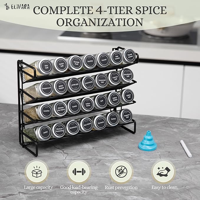 4-Tier Spice Rack Organizer Set – Wall Mounted or Countertop – Includes 28 Glass Spice Jars, 386 Spice Labels, Funnel, and Chalk Marker – Kitchen Spice Storage Solution