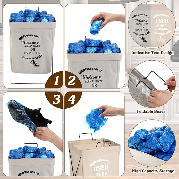 DoubleFill 2 Pcs Shoe Cover Boxes Foldable Storage Baskets for Disposable Shoe Booties, Welcome Please or Remove Sign Socks Storage Bins for Open House Supplies, 20.5 x 11.4 Inches
